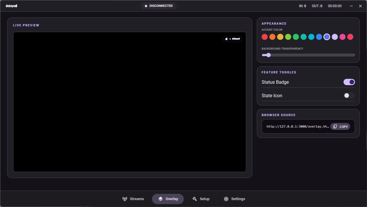 delayed overlay configuration panel with accent color options and toggle controls