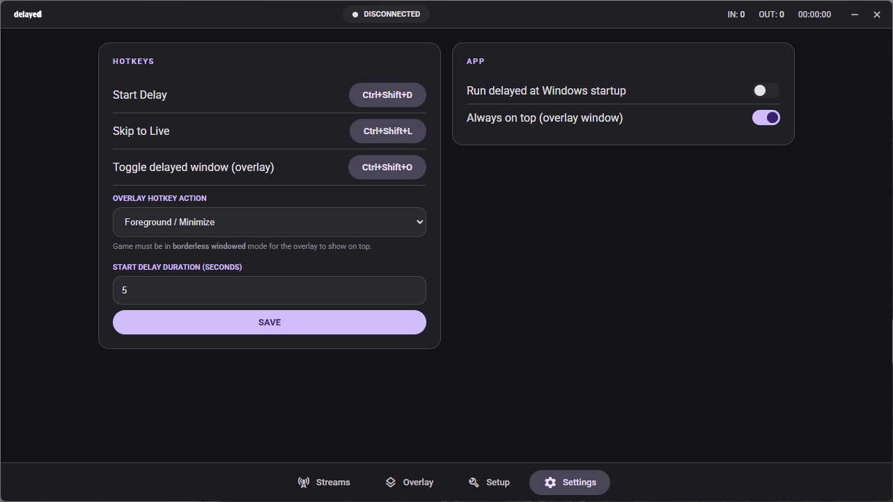 delayed settings panel showing hotkey configuration